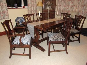 Victorian Chippendalesque set of dining chairs covered in 'Fenelle' Designers Guild fabric.