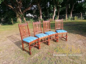 Set of 4 Oak dining chairs reupholstered in 100% wool fabric