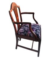 Serpentine carver chair. Serpentine mahogany carver chair covered in designer fabric from 'Arley House'.