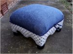 Dainty repro' footstool recovered to match slipper chair. Dainty and delightful reproduction footstool, covered in blue and geometric blue/grey fabric.