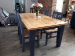 Refurbished table and chairs. Refurbished table and chairs - 'Nordic blue' legs, and table top and chair seats stripped and varnished.