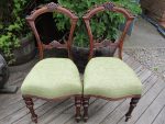 Victorian carved & pierced balloon backed chairs. Pair of Victorian balloon back chairs with carving and pierced work in the back rails.