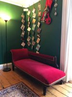 Victorian 'Chrysanthemum' Chaise Longue. Victorian Chaise Longue, ornate wooden carving, and covered in gorgeous 'Chrysanthemum' red velvet of the Designers Guild Collection.