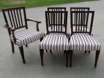Arts & Crafts dining chairs. Arts & Crafts dining chairs covered in a striking velvet stripy fabric.