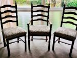 Another 3 (ofthe 5) of the earlier ladder back chairs. for Margaret & Neil. Three more turned wood ladder back chairs with new modern upholstery.