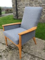 Baltic-denim refurbished Parker Knoll chair Refurbished Parker Knoll chair covered in a denim-coloured fabric and refinished woodwork.