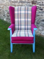 Bright & bold revitalised armchair. Gorgeous bright & bold refurbished armchair, with sentimental 'Welsh carthen', matching 'magenta, and vibrant blue paintwork. Woo woo!