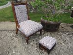 Traditionally restored Arts & Crafts Prayer chair & matching footstool. A delightful Arts & Crafts prayer chair with matching footstool. A much loved family heirloom restored to its natural glory with traditional upholstery and eye-catching geometric fabric from Porter & Stone.