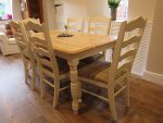 Refurbished table and chairs. Refurbished table and chairs - light painted legs, table top stripped and varnished with new tartan upholstery.