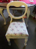 White floral balloon back chair. Victorian balloon back painted white and covered in 'Victoriana' fabric.