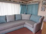 Mis-shaped cushions made for best fit in a caravan at Quay West, New Quay. Large static caravan, new foam, new cushions, 3 different fabrics.