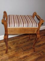 Refinished piano stool with fabric in opposite direction to previous one. Refinished piano stool covered in autumnal/stripy fabric.