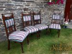 Edwardian dining chairs. Set of 4 Edwardian dining chairs with new stripy upholstery and funky braid.
