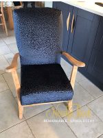 A modern new look for this chair with navy glistening fabric, to fit in with the new kitchen, and rubbed down woodwork. A modern new look for this chair with navy glistening fabric, to fit in with the new kitchen, and rubbed down woodwork.