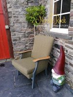 This is one of a pair, the other was reupholstered in a different coloured fabric, but from the same collection. This is one of a pair, the other was reupholstered in a different coloured fabric, but from the same collection.