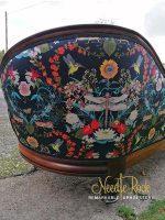 Back of Victorian Chaise with 'Becca Who' Dragonfly fabric. 'Becca Who' Dragonfly fabric on outside back of chaise.