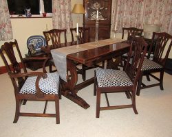 Victorian Chippendalesque set of dining chairs covered in 'Fenelle' Designers Guild fabric.