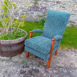 This charming armchair was upholstered by Jason for his own parents. They chose one of the many frames we keep in storage, picking a style that would suit their living room – and Jason brought it to life in Olbia – Amazonite, perfectly matched to their existing sofa.